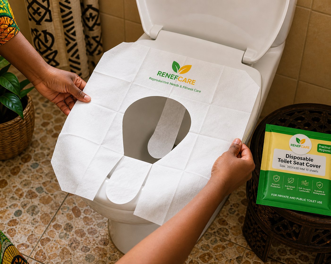 A woman's hands placing a RENEFCARE Disposable Toilet Seat Cover on a toilet, in a warm Ghanaian home with Adinkra-pattern curtains and terracotta tiles.